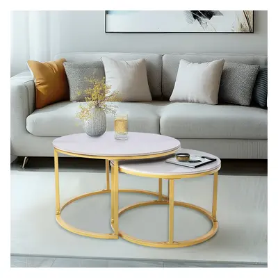 (White/Gold) x Round Sintered Stone With Metal Frame Marble Effect Nesting Coffee End Sofa Table