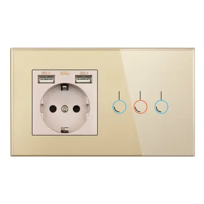 (Gold) Touch Sensor Switch with Socket with USB Crystal Glass Panel Wall Socket with Gang Light 