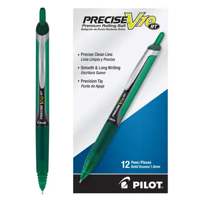 Pilot Precise V10 RT Refillable & Retractable Rolling Ball Pens Bold Point mm Green Pack of