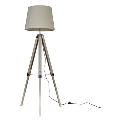 Modern Distressed Wood and Silver Chrome Tripod Floor Lamp with a Beige Tapered Light Shade - Co