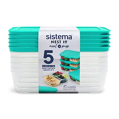 Sistema Nest It Meal Prep Food Storage containers with Lids, compartments, cups, 5-Pack, Teal