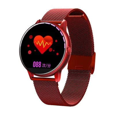 (Red-Stainless Steel) Real Full Touch Screen Quick Release Strap IP68 Heart Rate O2 Facebook Rem