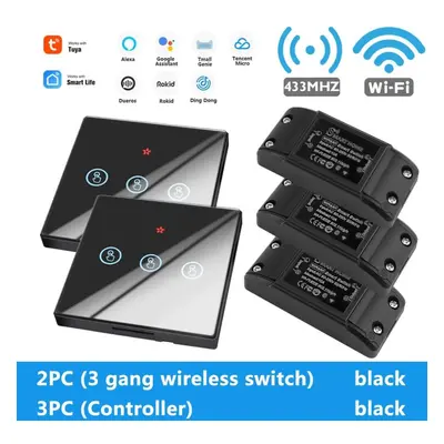 (2pc3 Gang switch+3pc controller black) WiFi Light Switch 220V RF 433MHz With Breakers Remote Co