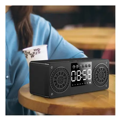 (Black) Bluetooth 5.0 Wooden Speaker Alarm Clock Support TF Card/USB/AUX/ FM Radio