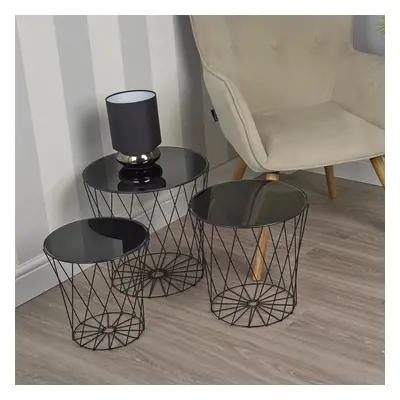 Black Piece Nesting Table Set Glass Mirrored Top Side