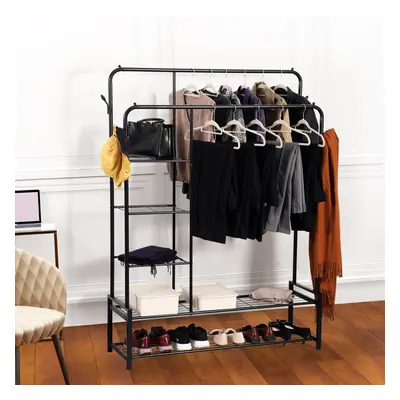 Freestanding Double Clothes Rail with Shoe Racks and Shelves