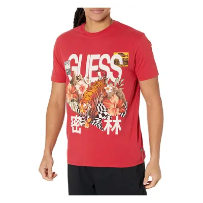 GUESS Men's Short Sleeve Basic Jungle Tiger Tee Downtown Red Multi