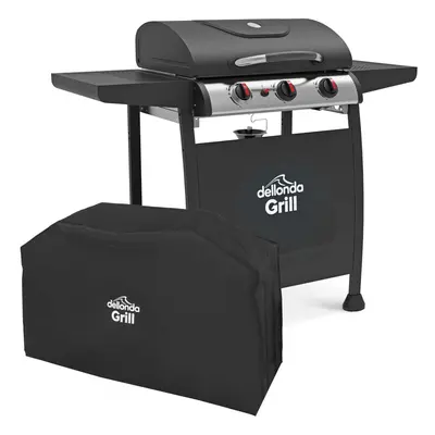 3 Burner Gas BBQ Grill, Piezo Ignition, Built-In Thermometer & Cover, Black/Stainless Steel - DG