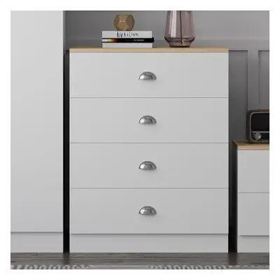 Esher Drawer Chest Of Drawers Matt White Finish With Light Oak Top Sideboard