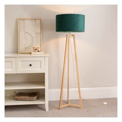 ValueLights Lottie Forest Velvet Shade Natural Wood Tripod Floor Lamp