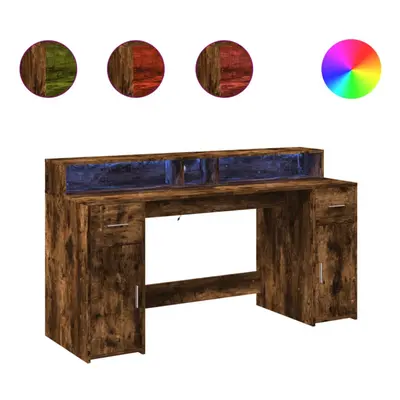 vidaXL Desk with LED Lights Writing Working Table Smoked Oak Engineered Wood