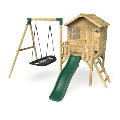 (Green) Rebo Orchard 4ft x 4ft Wooden Playhouse with Boat Swing, 900mm Deck and 6ft Slide - Boat