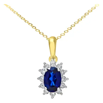 Jewelco London 9ct Yellow Gold Round 1/4ct Diamond Oval 1.1ct Sapphire Cluster Pendant Necklace 