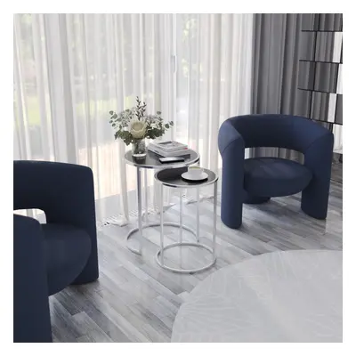 (Chrome Legs Black Glass) Pcs Round Nesting Side Tables Set Tempered Glass Top Metal Leg Coffee 