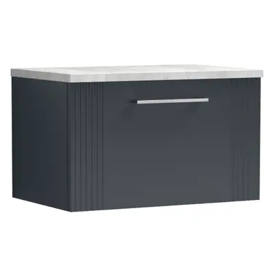 Retro Drawer Wall Hung Vanity Unit with Bellato Grey Laminate Worktop - 600mm - Satin Soft Black