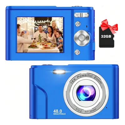 (Royal Blue) Kids Digital Camera, 1080P 48MP with 32GB SD Card, 2.4 Inch Screen, 16X Zoom, Compa