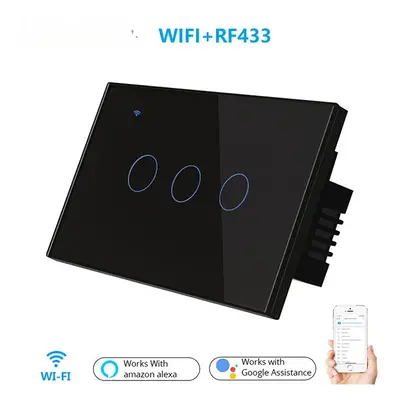 (Black) US WiFi+RF Smart Lights Wall Touch Switch APP Voice Remote Control Wireless Lamp Smart H