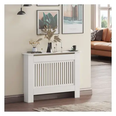 (Medium, White) Radiator Cover White Modern MDF Vertical Slats Wood Decorative Cabinet for Livin