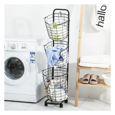 (Black, Tier) Baskets Bathroom Laundry Basket Trolley Clothes Storage Hampers w/ Wheels