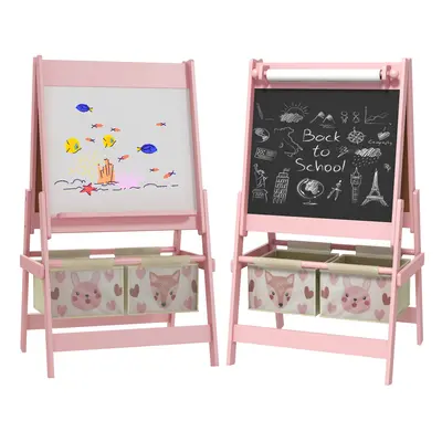 AIYAPLAY Kids Easel with Paper Roll, Blackboard, Whiteboard, Storage, Pink