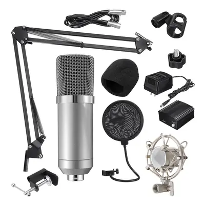 (Silver) Microphone Condenser Sound Recording Microphone Kit With Shock Mount For Radio Braodcas