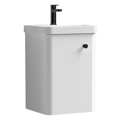 Curve Wall Hung Door Vanity Basin Unit - 400mm - Gloss White with Black Round Handle (Tap Not In