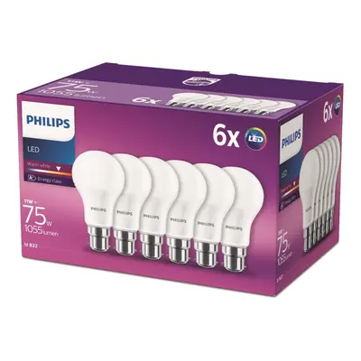 Philips LED B22 Bayonet Cap Light Bulbs, W (75 W) - Warm White, Pack of