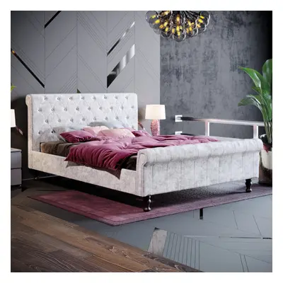 (King Size, Crushed Velvet Silver) Violetta Bed Frame Sleigh Velvet Fabric Button