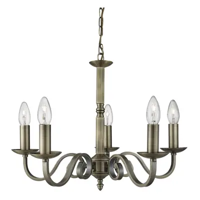 5 Light Pendant, Scroll Arms Detail, Antique Brass