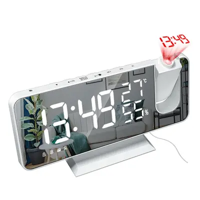 (White+White) LED Digital Alarm Clock FM Radio HD Time Projection Mirror Clocks Snooze Function 