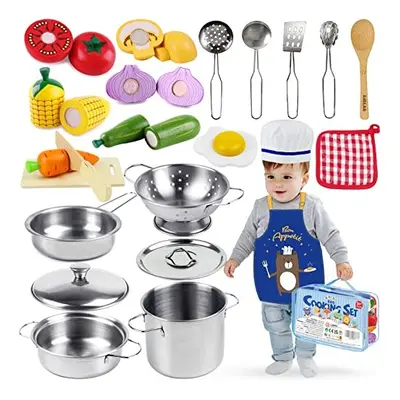 Kids Kitchen Accessories, Wooden Food Toys Stainless Steel Pots and Pans Playset, Kitchen Utensi