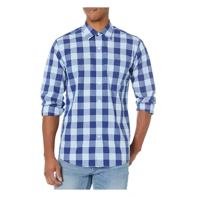 Men's Regular-Fit Long-Sleeve Casual Poplin Shirt, Blue, Buffalo Check, Large