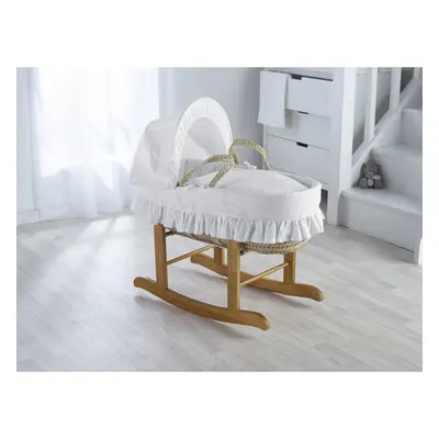 White Broderie Anglaise Palm Moses Basket with Rocking Stand Deluxe Natural