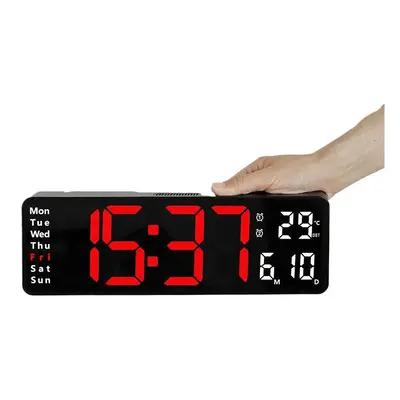 (Red) 13-Inch LED Digital Wall Clock with Remote, Auto Brightness, Temperature, Date, Week Displ