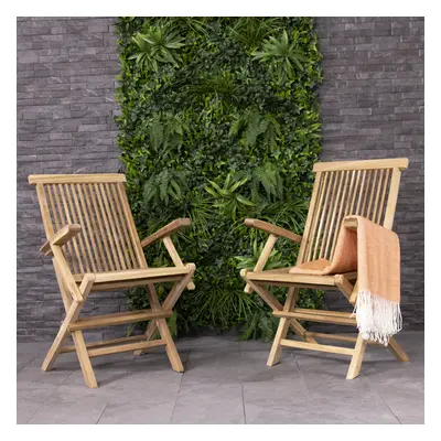 Charles Bentley Pair of Solid Wooden Teak Garden Outdoor Folding Arm Chairs