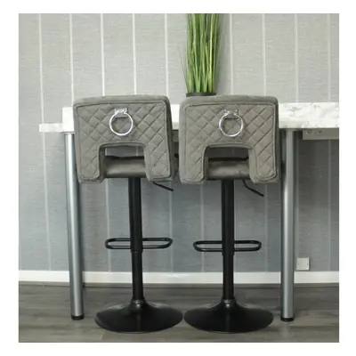 Set of Grey Velvet Belgravia Bar Stools, Ring Knockers + diamond stitching