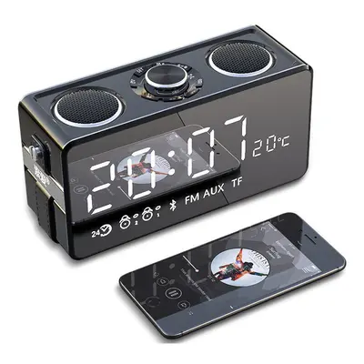 (Black) Wireless Bluetooth Speakers Mirror LED Clock FM Radio TF Card Music Stereo Bass Outdoor 