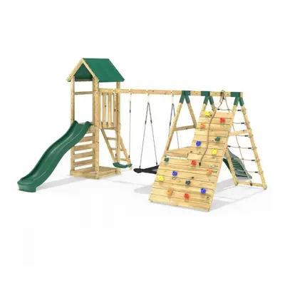 (San Luis Green) Rebo Wooden Climbing Frame with Swings, & 8ft Slides and Climbing Wall