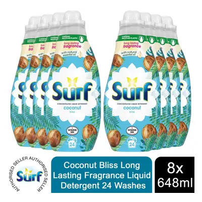 8x 24W Surf Coconut Bliss Lasting Fragrance Liquid Detergent 648ml