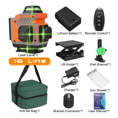 (Orange With Lines) 16/12/8 Line 4D Green Laser Level Meter Horizontal And Vertical Cross Self-L