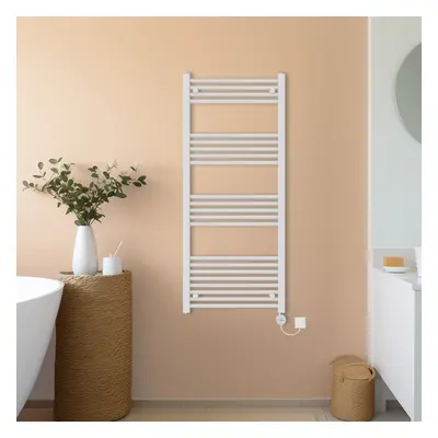 (White, 1400x600mm) NRG Prefilled Thermostatic Electric Straight Heated Towel Rail Radiator