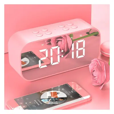 (Pink) Wireless Bluetooth 5.0 Speaker Double Alarm Clock FM Radio Hi-Fi Music Column Subwoofer H