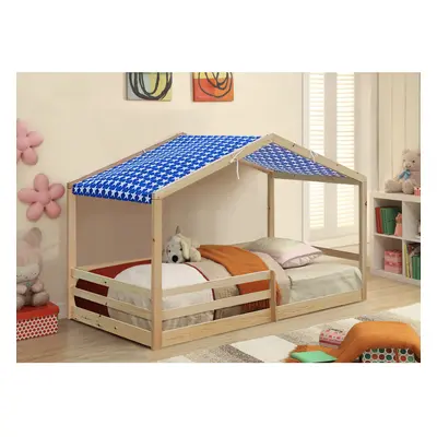 (No Mattress, With Blue Tent) 3ft Sinfle Pine Wooden House Bed With Tent And Mattress Options