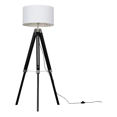 Modern Black Wood and Silver Chrome Tripod Floor Lamp with a White Drum Shade