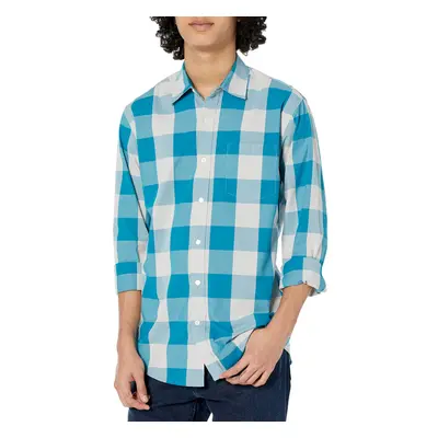 Men's Regular-Fit Long-Sleeve Casual Poplin Shirt, Teal Blue, Buffalo Check, X-Large