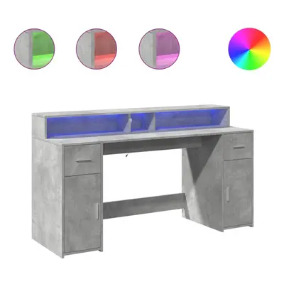 vidaXL Desk with LED Lights Study Working Table Concrete Grey Engineered Wood