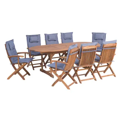 8 Seater Acacia Wood Garden Dining Set with Blue Cushions MAUI