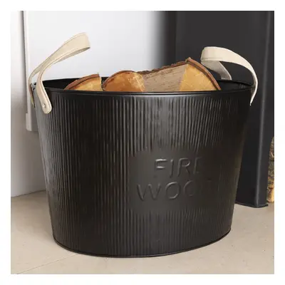 Spruce Leather Handled Fireside Wood Bucket Iron Classic Style Black Matte