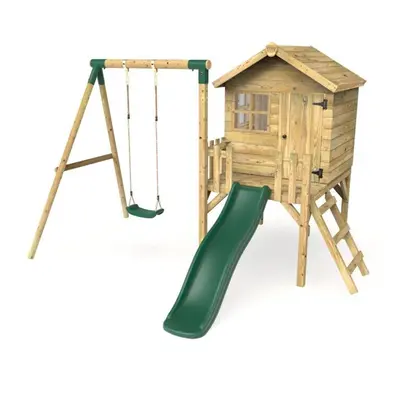 (Green) Rebo Orchard 4ft x 4ft Wooden Playhouse with Swings, 900mm Deck and 6ft Slide - Solar