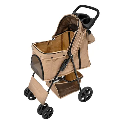 (Woven Beige & Caddy Bag) Pet Strollers with Rain Cover & Caddies